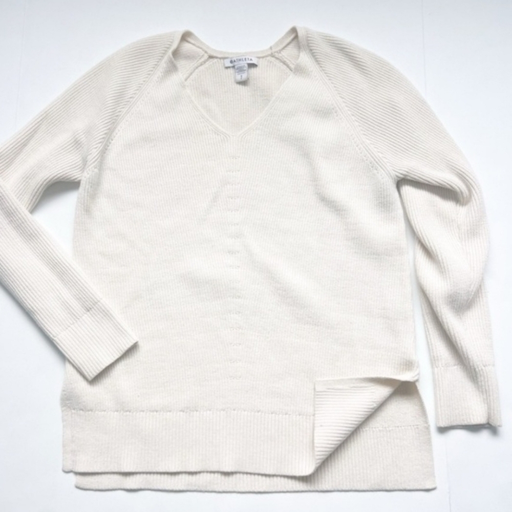 Athleta Sweater Hanover Refined V Neck Merino Wool Blend Small Bone Jumper SZ S